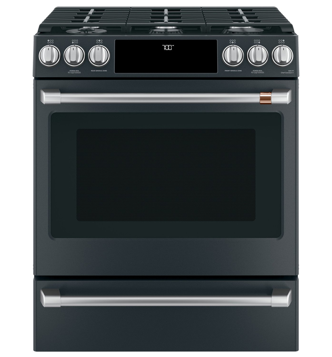 Cafe ADA 30 In. Matte Black With Brushed Stainless Smart Slide-In Front Control Gas Convection Range - CGS700P3MD1