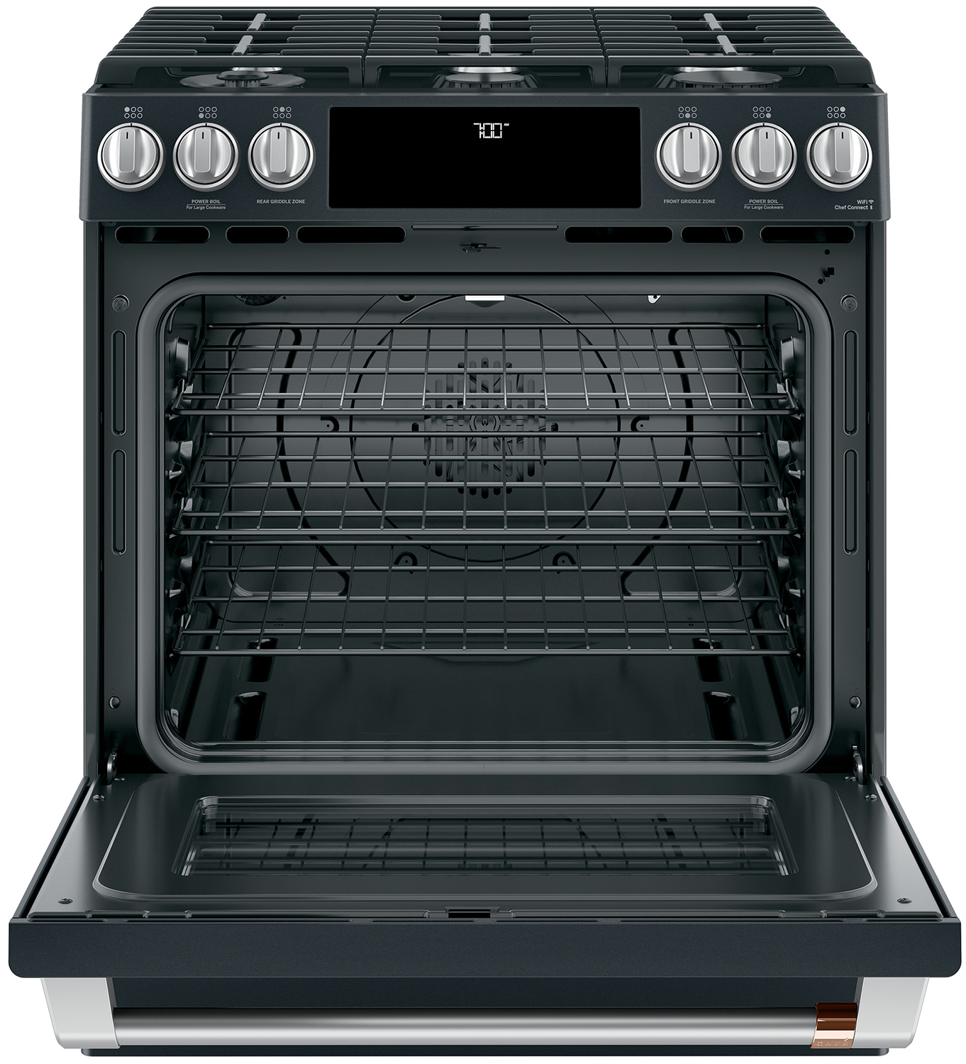 Cafe ADA 30 In. Matte Black With Brushed Stainless Smart Slide-In Front Control Gas Convection Range - CGS700P3MD1