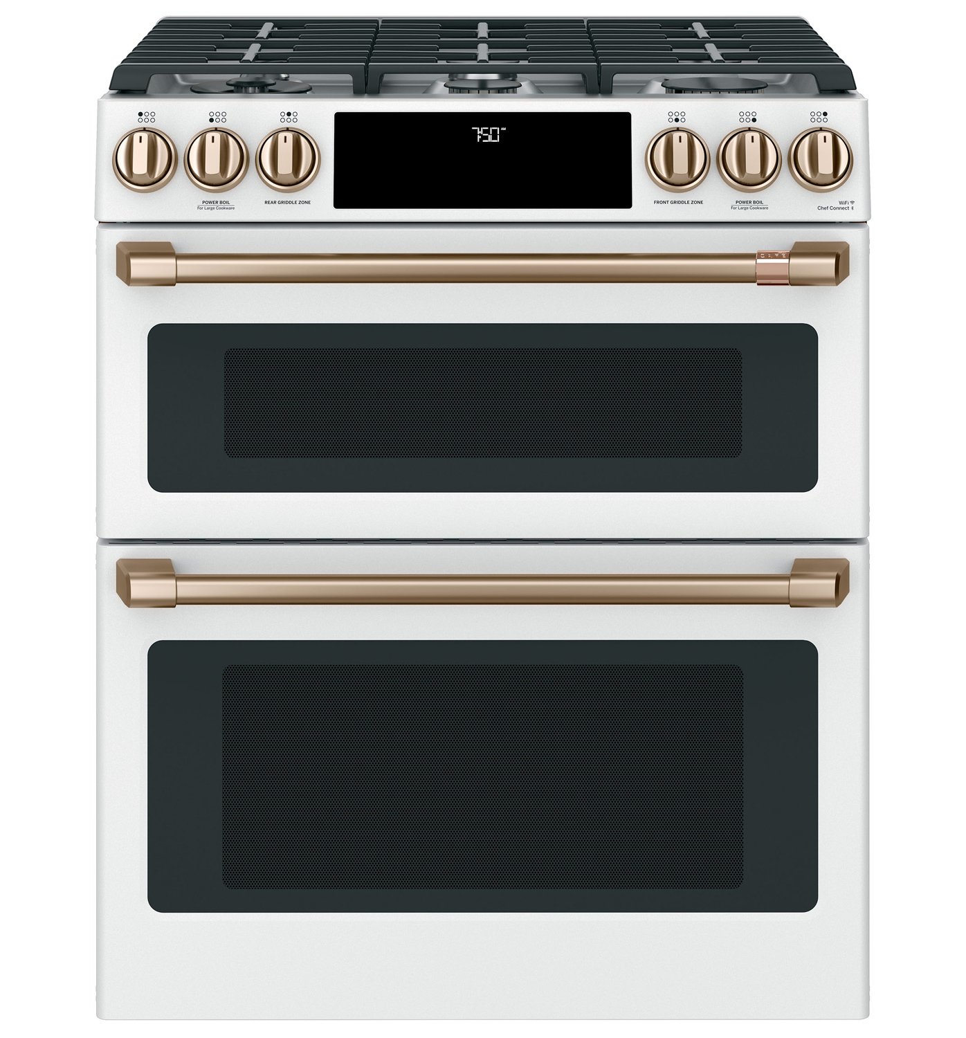 Cafe ADA 30 In. Matte White With Brushed Bronze Smart Slide-In Double Oven Gas Range With Convection - CGS750P4MW2