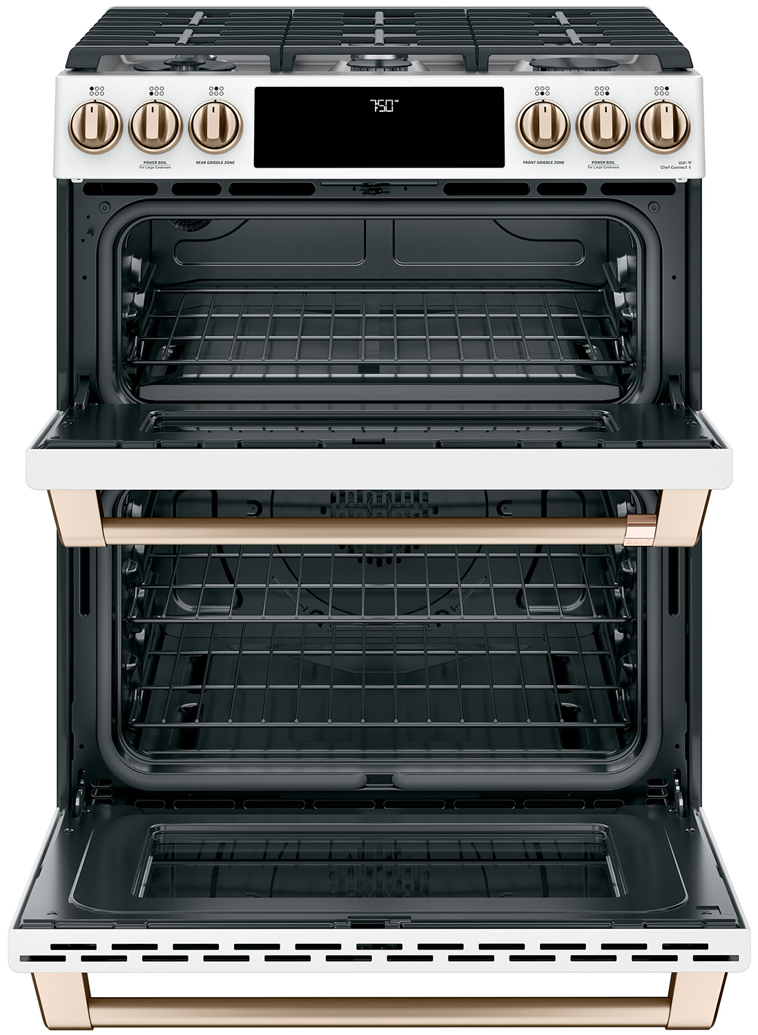 Cafe ADA 30 In. Matte White With Brushed Bronze Smart Slide-In Double Oven Gas Range With Convection - CGS750P4MW2