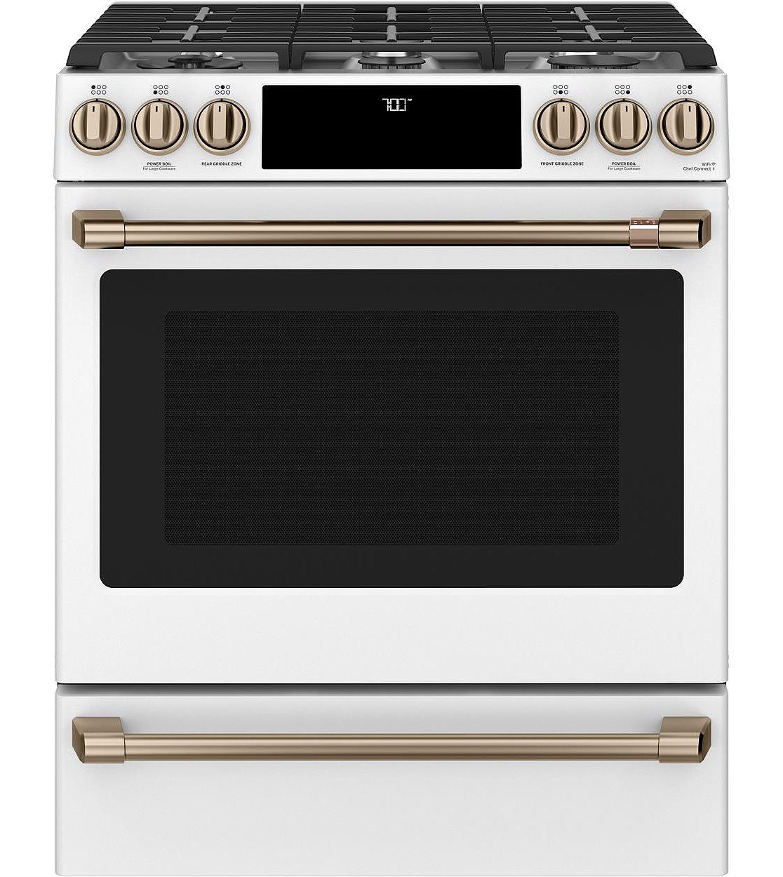 Cafe ADA 30 In. Matte White With Brushed Bronze Smart Slide-In Front Control Gas Convection Range - CGS700P4MW2
