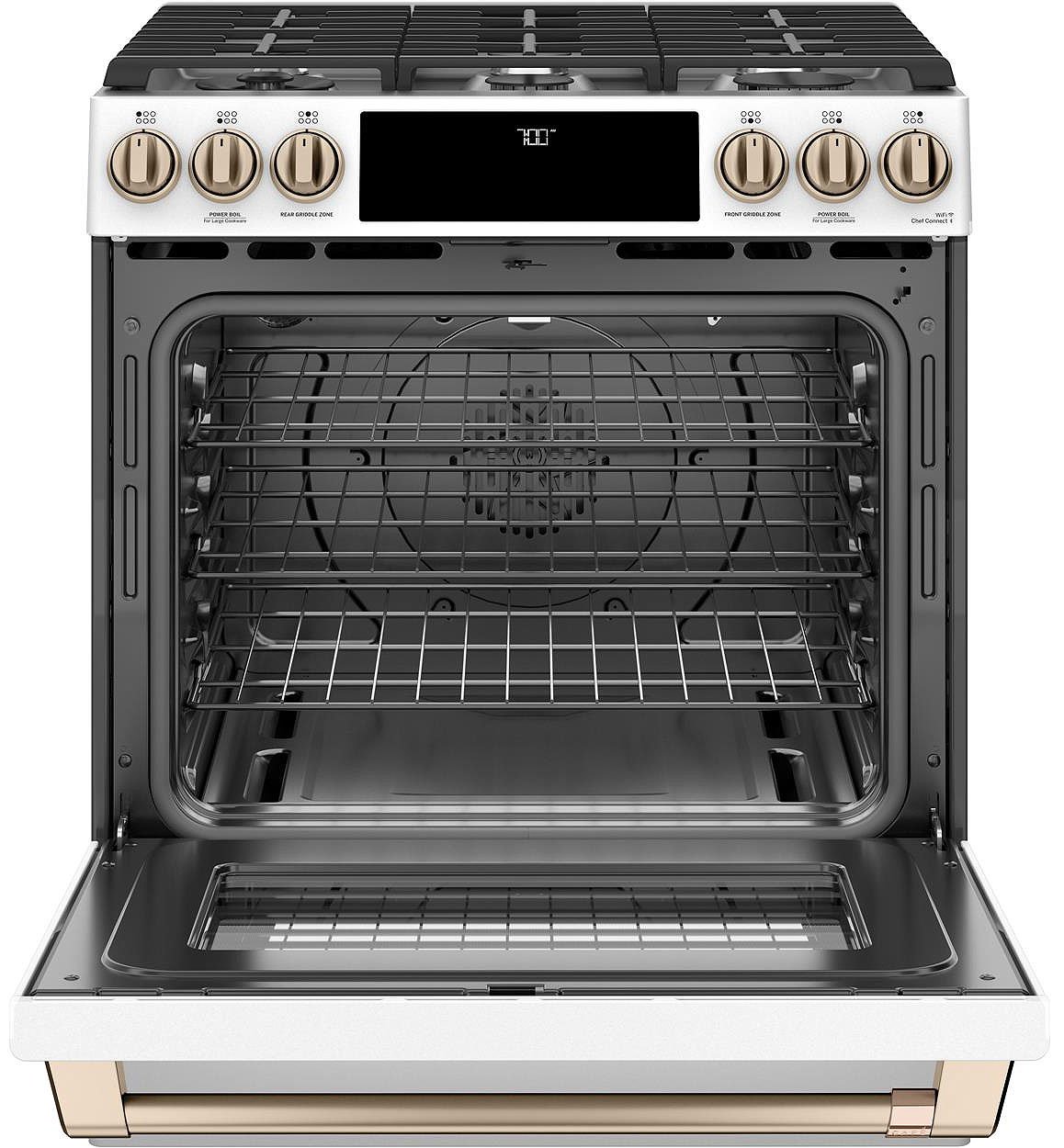 Cafe ADA 30 In. Matte White With Brushed Bronze Smart Slide-In Front Control Gas Convection Range - CGS700P4MW2