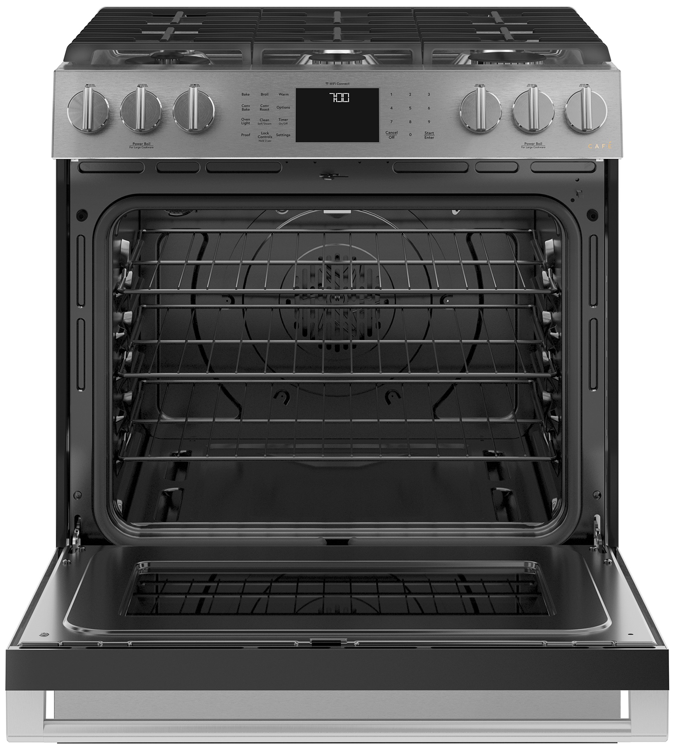 Cafe ADA 30 In. Platinum Glass Smart Slide-In Front-Control Gas Range With Convection Oven - CGS700M2NS5
