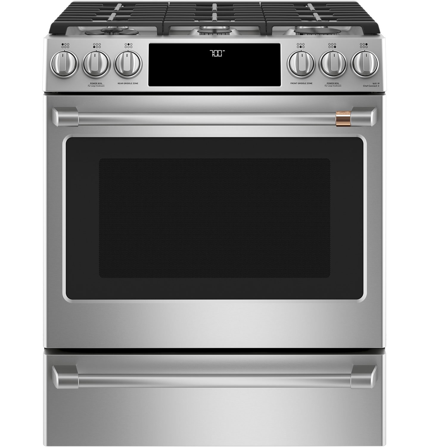 Cafe ADA 30 In. Stainless Steel With Brushed Stainless Smart Slide-In Front Control Gas Convection Range - CGS700P2MS1