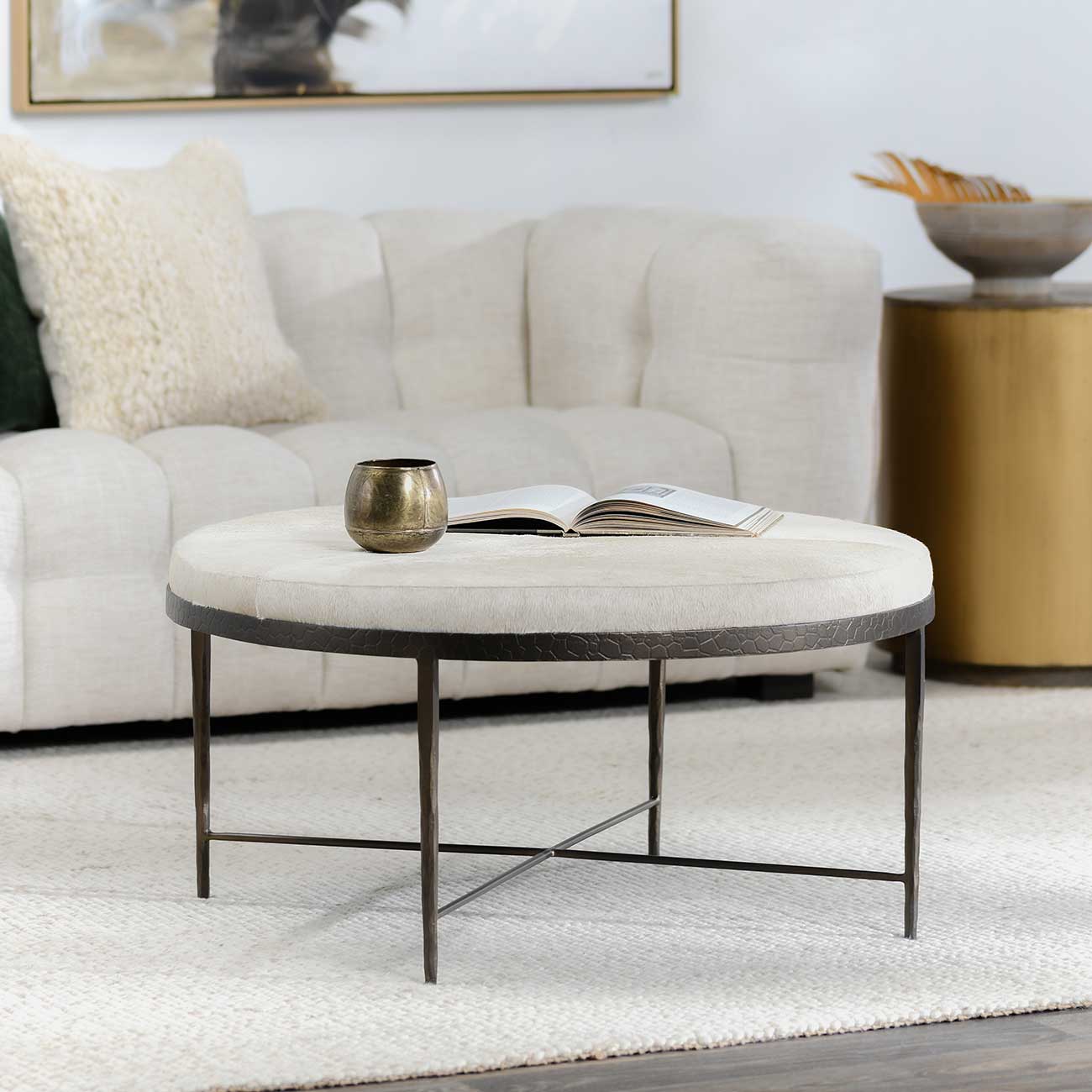 Classic Home Bose Hide Round Coffee Table 36\" in Dusty Cream | Bronze - CH-51011899