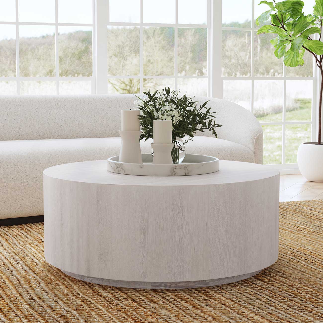 Classic Home Layne Round Coffee Table 42\" Solid Wood with Casters in Milk White - CH-51031411
