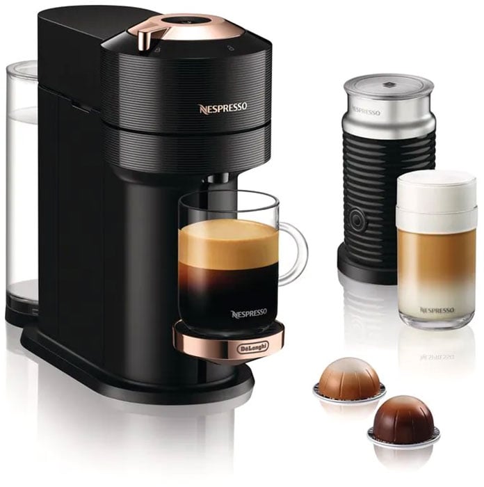 DeLonghi Nespresso Vertuo Next Black And Rose Gold Coffee And Espresso Machine With Aeroccino - ENV120BAE